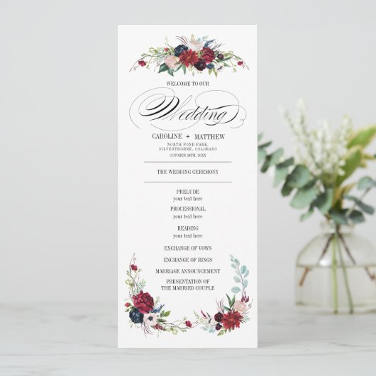 Navy blue | Burgundy Red Floral Wedding Programme Kaart (Staand voorkant)