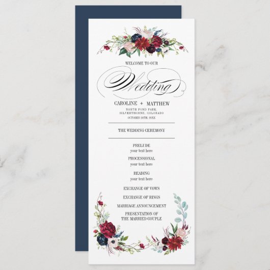 Navy blue | Burgundy Red Floral Wedding Programme Kaart (Voorkant / Achterkant)