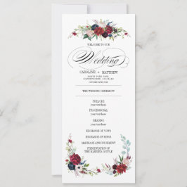 Navy blue | Burgundy Red Floral Wedding Programme Kaart