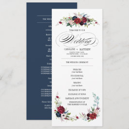 Navy blue | Burgundy Red Floral Wedding Programme Kaart
