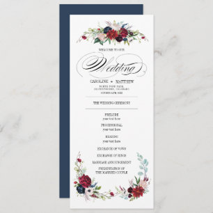 Navy blue   Burgundy Red Floral Wedding Programme Kaart