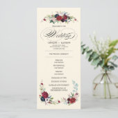 Navy blue | Burgundy Red Floral Wedding Programme Kaart (Staand voorkant)