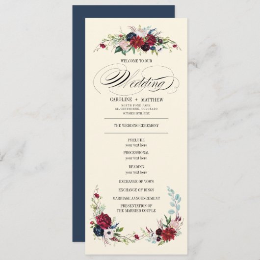 Navy blue | Burgundy Red Floral Wedding Programme Kaart (Voorkant / Achterkant)