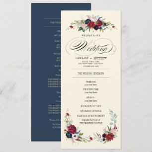 Navy blue Burgundy Red Floral Wedding Programme Kaart