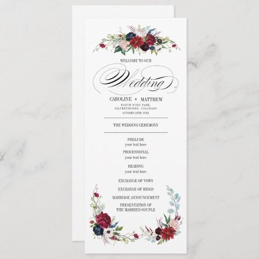 Navy blue | Burgundy Red Floral Wedding Programme Kaart (Voorkant / Achterkant)