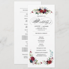 Navy blue | Burgundy Red Floral Wedding Programme Kaart