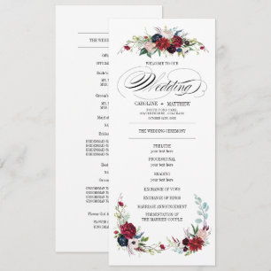 Navy blue Burgundy Red Floral Wedding Programme Kaart