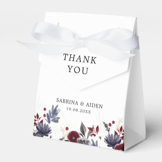 Navy Blue Burgundy Red Gothic Floral Wedding Bedankdoosjes (Voorkant Zijde)