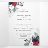 Navy Blue Burgundy Red Gothic Floral Wedding Drieluik Aankondiging (Binnenkant midden)