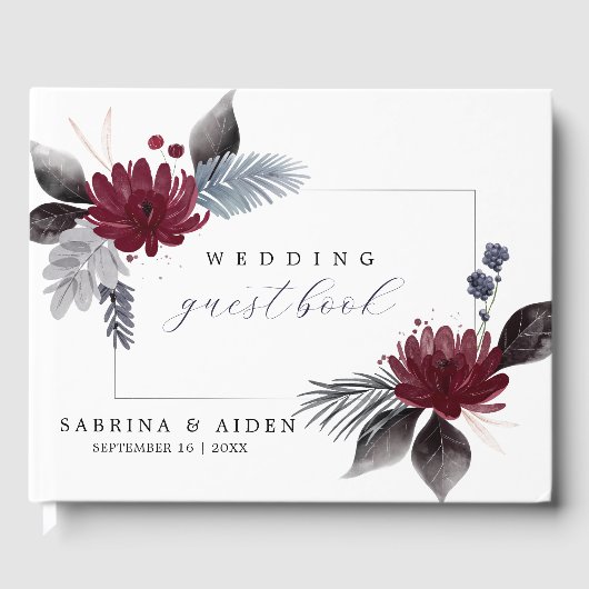Navy Blue Burgundy Red Gothic Floral Wedding Gastenboek (Voorkant)