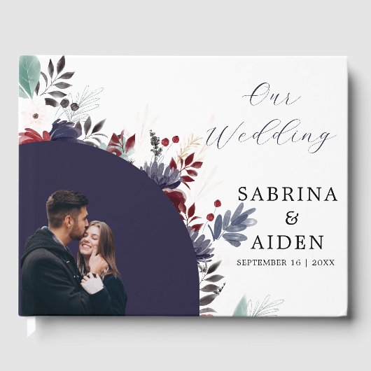 Navy Blue Burgundy Red Gothic Floral Wedding Gastenboek (Voorkant)