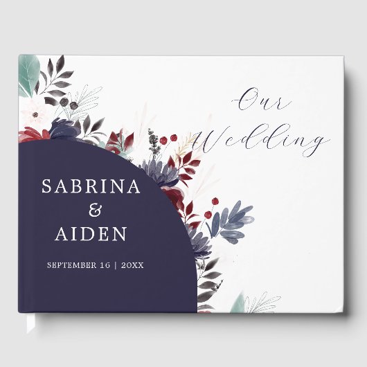 Navy Blue Burgundy Red Gothic Floral Wedding Gastenboek (Voorkant)