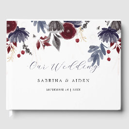 Navy Blue Burgundy Red Gothic Floral Wedding Gastenboek