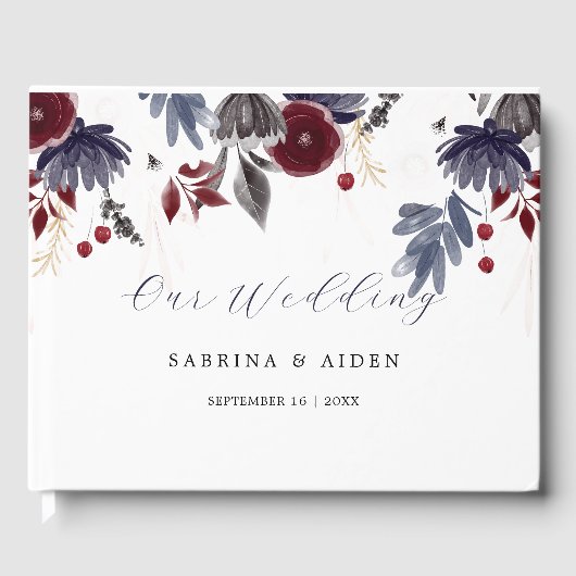 Navy Blue Burgundy Red Gothic Floral Wedding Gastenboek (Voorkant)