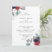 Navy Blue Burgundy Red Gothic Floral Wedding Kaart (Staand voorkant)
