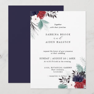 Navy Blue Burgundy Red Gothic Floral Wedding Kaart