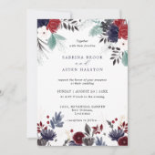 Navy Blue Burgundy Red Gothic Floral Wedding Kaart (Voorkant)