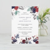 Navy Blue Burgundy Red Gothic Floral Wedding Kaart (Staand voorkant)