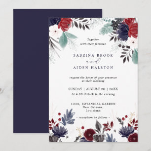 Navy Blue Burgundy Red Gothic Floral Wedding Kaart