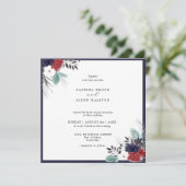 Navy Blue Burgundy Red Gothic Floral Wedding Kaart (Staand voorkant)