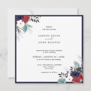 Navy Blue Burgundy Red Gothic Floral Wedding Kaart