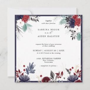 Navy Blue Burgundy Red Gothic Floral Wedding Kaart