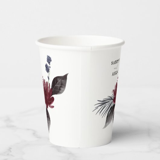 Navy Blue Burgundy Red Gothic Floral Wedding Papieren Bekers (Rechts)