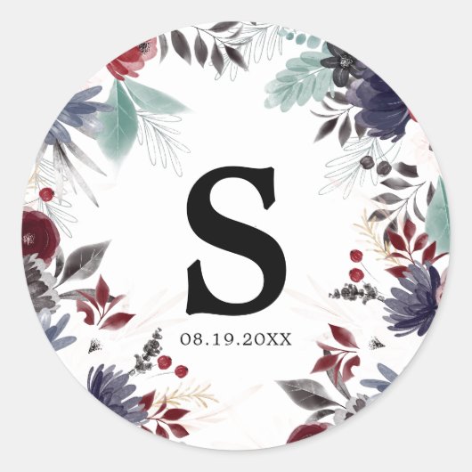 Navy Blue Burgundy Red Gothic Floral Wedding Ronde Sticker (Voorkant)