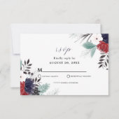 Navy Blue Burgundy Red Gothic Floral Wedding RSVP Kaartje (Voorkant)
