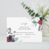Navy Blue Burgundy Red Gothic Floral Wedding RSVP Kaartje (Staand voorkant)