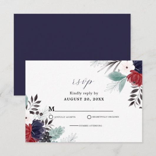 Navy Blue Burgundy Red Gothic Floral Wedding RSVP Kaartje (Voorkant / Achterkant)