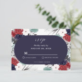 Navy Blue Burgundy Red Gothic Floral Wedding RSVP Kaartje (Staand voorkant)