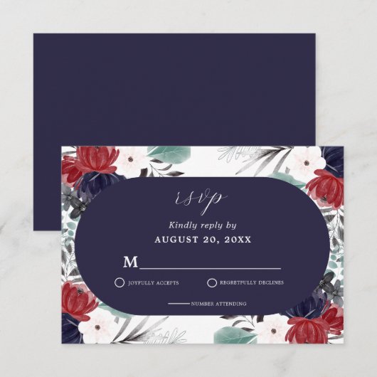 Navy Blue Burgundy Red Gothic Floral Wedding RSVP Kaartje (Voorkant / Achterkant)