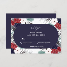 Navy Blue Burgundy Red Gothic Floral Wedding RSVP Kaartje