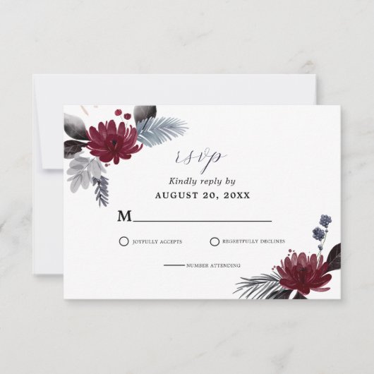 Navy Blue Burgundy Red Gothic Floral Wedding RSVP Kaartje (Voorkant)