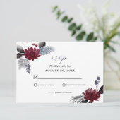 Navy Blue Burgundy Red Gothic Floral Wedding RSVP Kaartje (Staand voorkant)