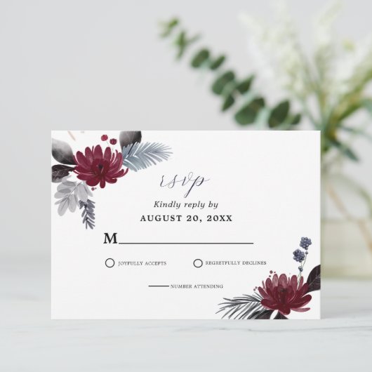 Navy Blue Burgundy Red Gothic Floral Wedding RSVP Kaartje (Staand voorkant)