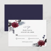 Navy Blue Burgundy Red Gothic Floral Wedding RSVP Kaartje (Voorkant / Achterkant)