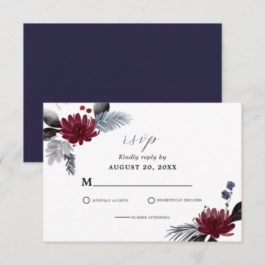 Navy Blue Burgundy Red Gothic Floral Wedding RSVP Kaartje (Voorkant / Achterkant)