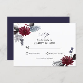 Navy Blue Burgundy Red Gothic Floral Wedding RSVP Kaartje
