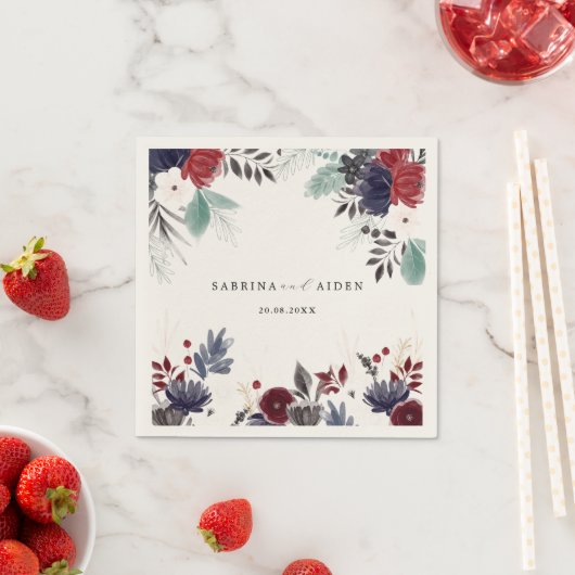 Navy Blue Burgundy Red Gothic Floral Wedding Servet (Insitu)