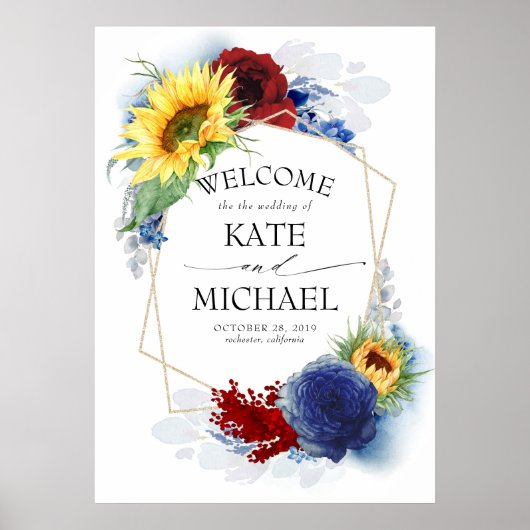 Navy Blue Burgundy Red Sunflower Yellow Welcome Poster (Voorkant)