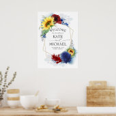 Navy Blue Burgundy Red Sunflower Yellow Welcome Poster (Keuken)