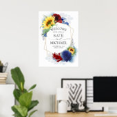 Navy Blue Burgundy Red Sunflower Yellow Welcome Poster (Thuiskantoor)