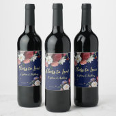 Navy blue burgundy roses cheers to love wedding wijn etiket (Flessen)
