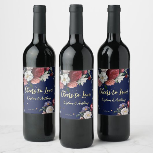 Navy blue burgundy roses cheers to love wedding wijn etiket (Flessen)