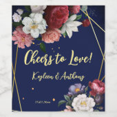 Navy blue burgundy roses cheers to love wedding wijn etiket (Enkel label)