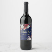 Navy blue burgundy roses cheers to love wedding wijn etiket (Voorkant)