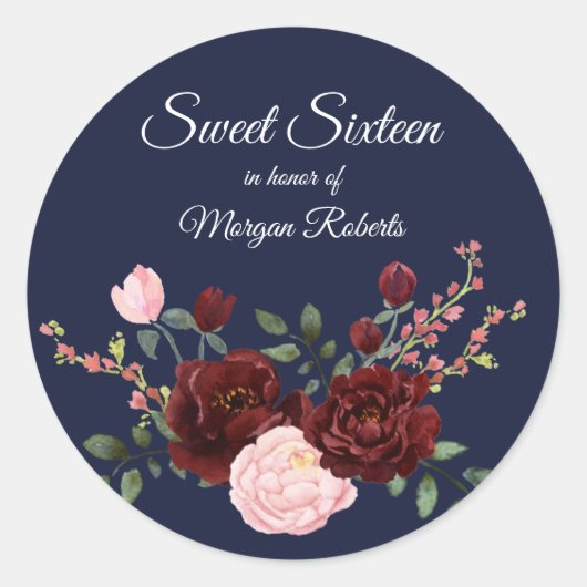Navy Blue burgundy roze roze roos Sweet SIxteen Ronde Sticker (Voorkant)
