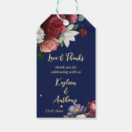 Navy blue burgundy rozen bruiloft bedankt cadeaulabel (Voorkant)